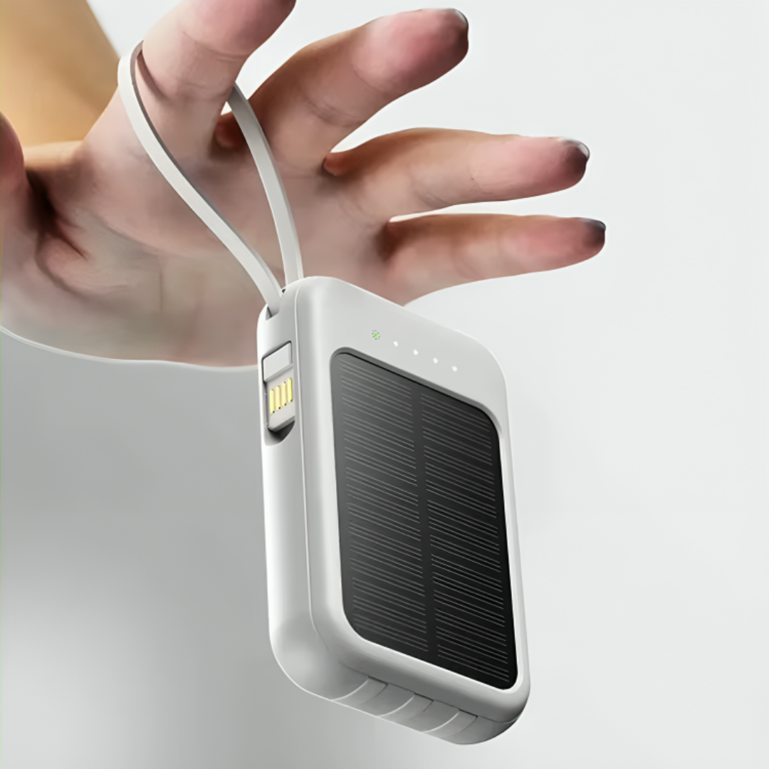 Oplaadbare Powerbank 20000mAh met Zonnepaneel, LED-Zaklamp en Ingebouwde Kabels - Draagbare Noodaccu met Dubbele USB- en Type-C-Aansluiting voor Smartphone en Tablet