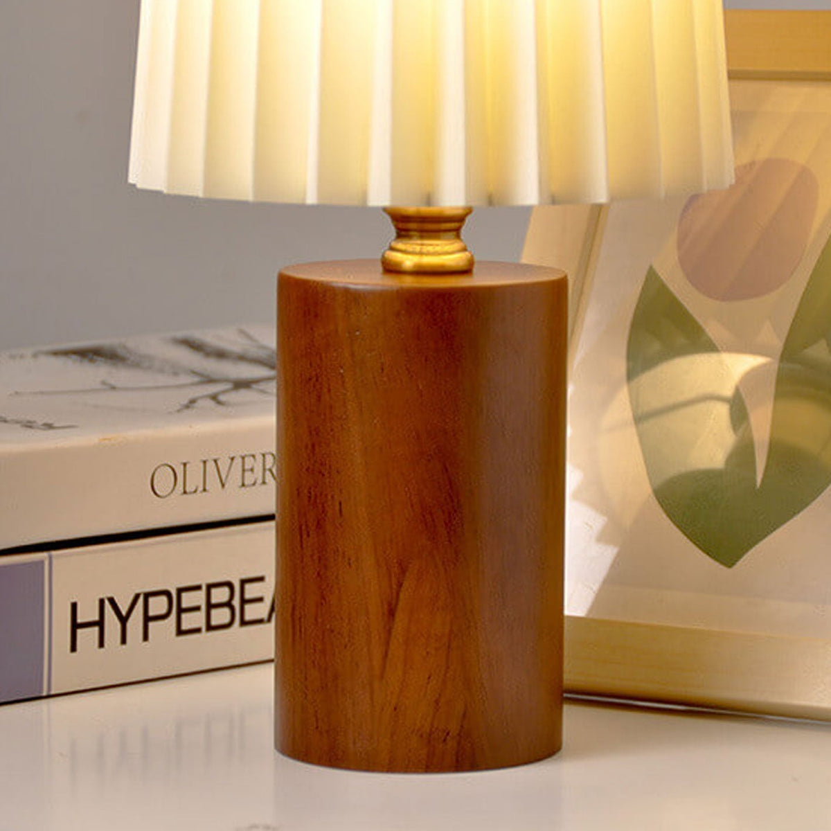 Tafellamp Plissé Kap Houten Voet Vintage Stijl Dimbaar Sfeerlicht Nachtkastje Woonkamer Leeslamp Retro Design