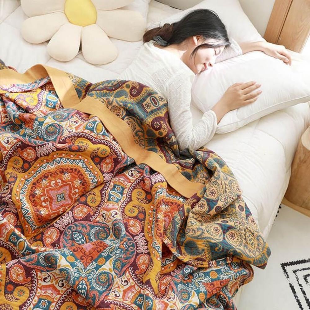 Omkeerbare Plaid in Boho-Stijl met Koelend Effect - Dubbelzijdig Zomerdeken met Vochtafvoer - Zacht Katoenen Sprei voor Warme Nachten - Moderne Deken met Zonsopgang-Patroon