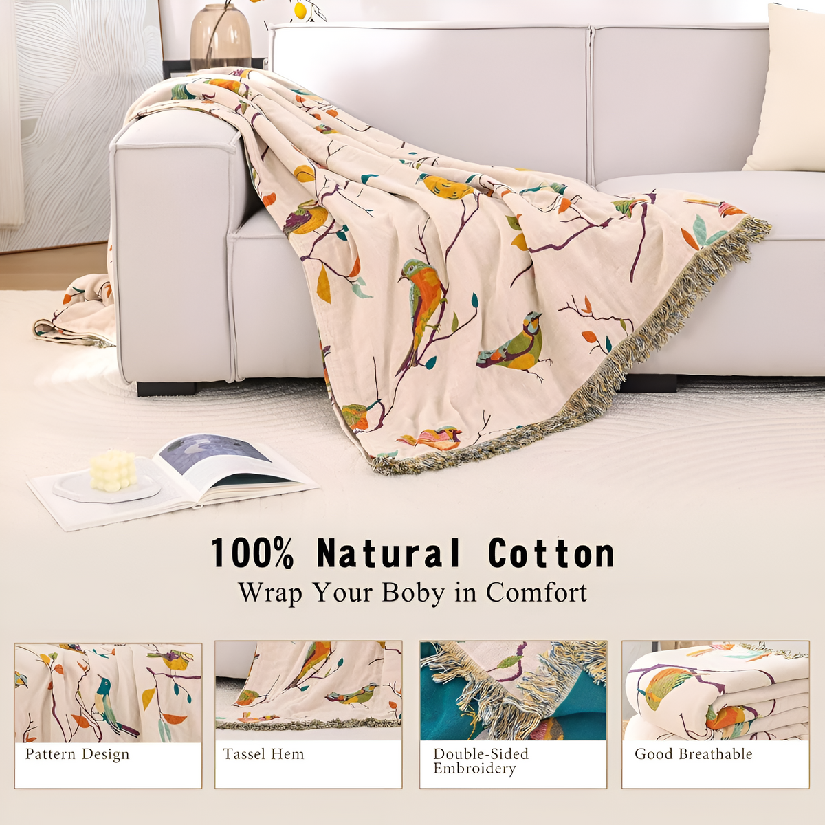 Katoenen Plaid met Vogelmotief en Kwastjes - Vintage Boho Stijl Deken voor Bank, Bed of Picknick