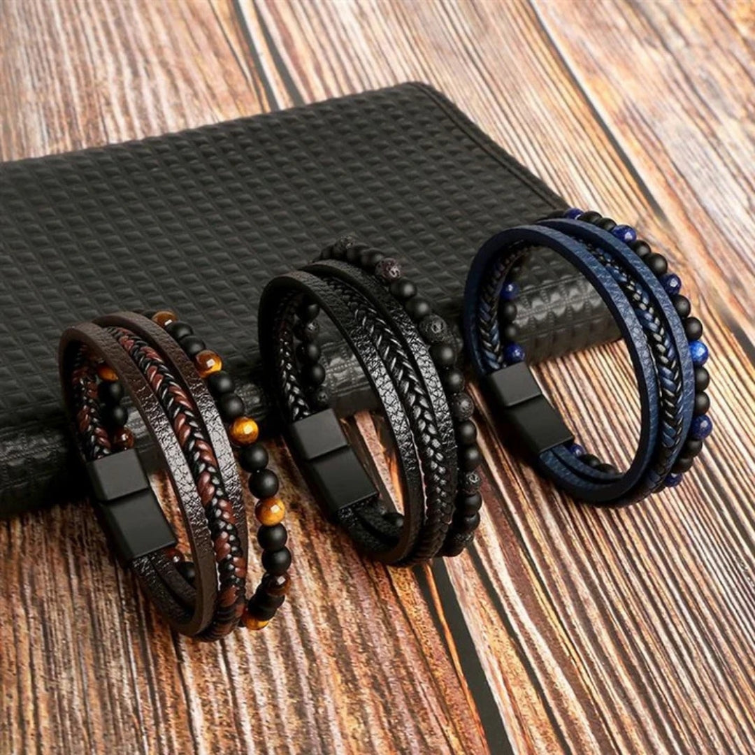 Gevlochten Heren Armband met Magnetische Sluiting Meerrijig Kralendetails Zwart Bruin Blauw Casual Formeel