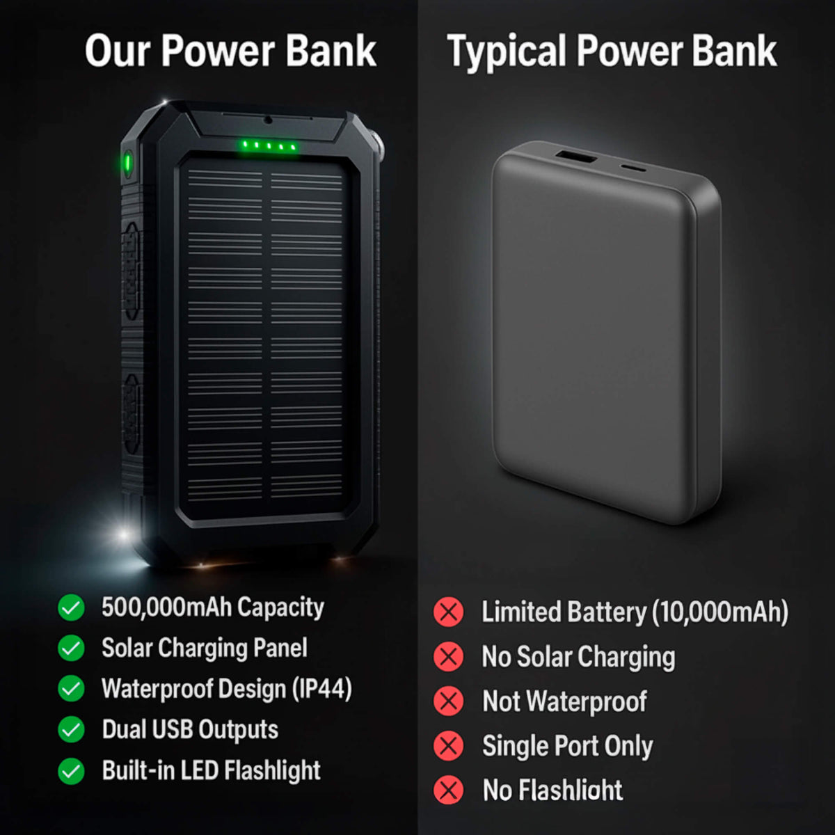 Zonnepaneel Powerbank Met 500.000mAh Capaciteit, Dubbele USB Poorten En Waterdichte Behuizing Voor Outdoor En Noodstroom