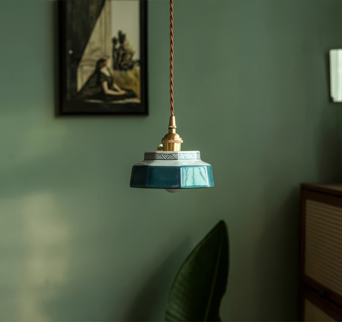 Handgeschilderde Keramische Hanglamp - Scandinavische Stijl met Koperen Fitting