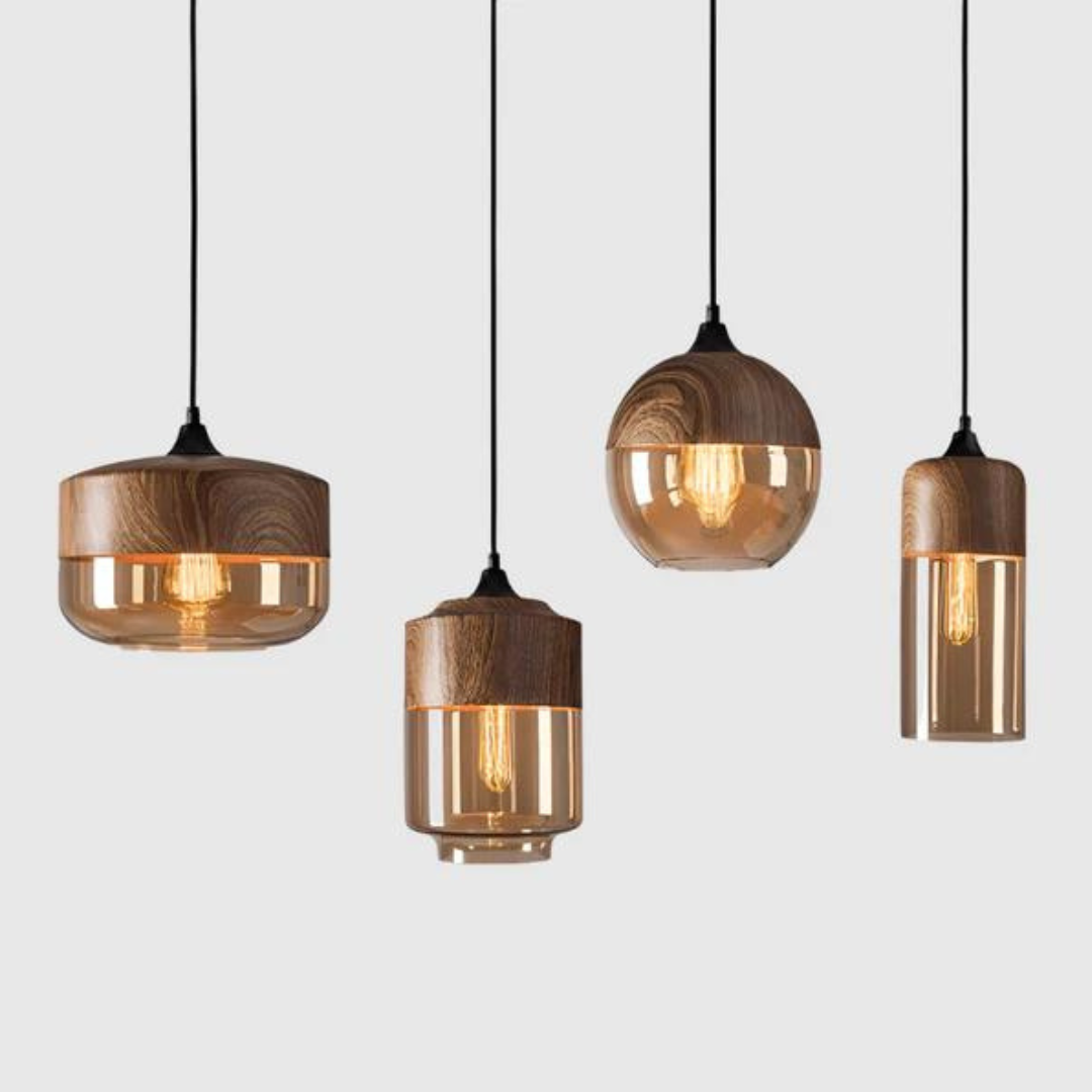 Scandinavische Hanglamp van Glas met Houtlook - Warme Designverlichting voor Woonkamer & Eetkamer