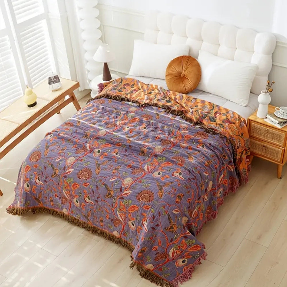 Botanische Katoenen Plaid met Kwasten - Gebloemde Jacquardweving Omkeerbaar Bedsprei Bankkleed Fauteuil Deken voor Alle Seizoenen