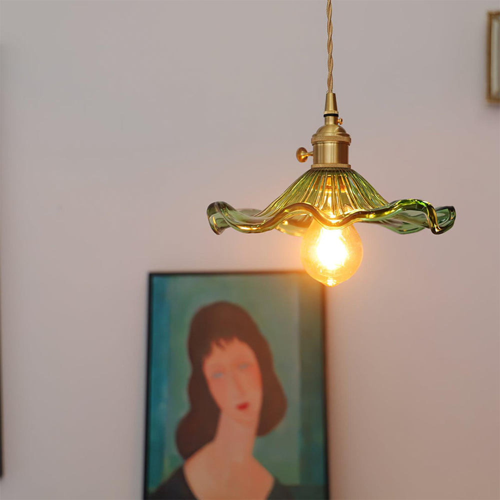Selene Glazen Hanglamp - Hibiscusbloem Design Messing Glas - Hangende Verlichting Eetkamer Woonkamer Slaapkamer - E27 Fitting 23-33cm