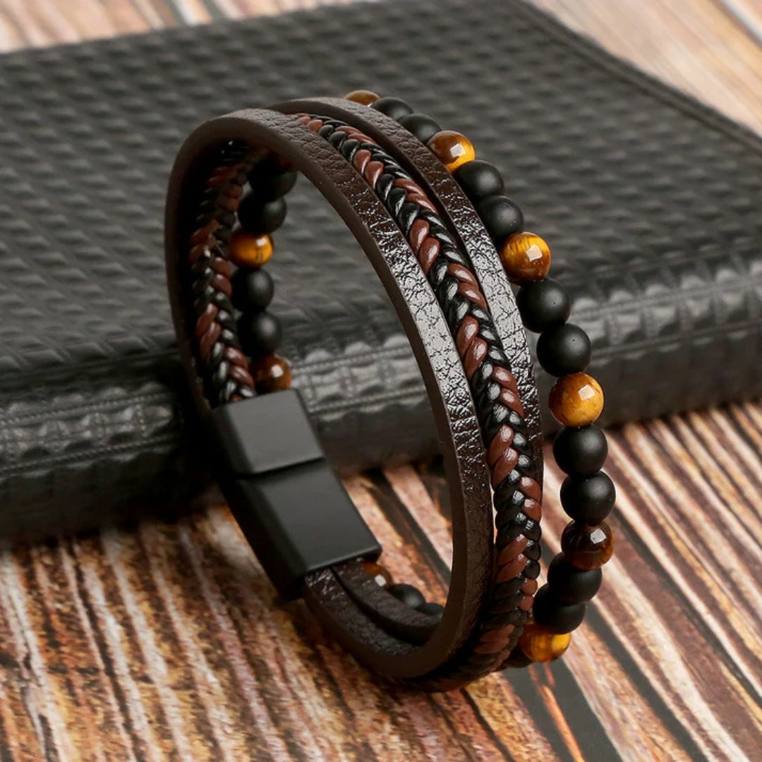 Gevlochten Heren Armband met Magnetische Sluiting Meerrijig Kralendetails Zwart Bruin Blauw Casual Formeel