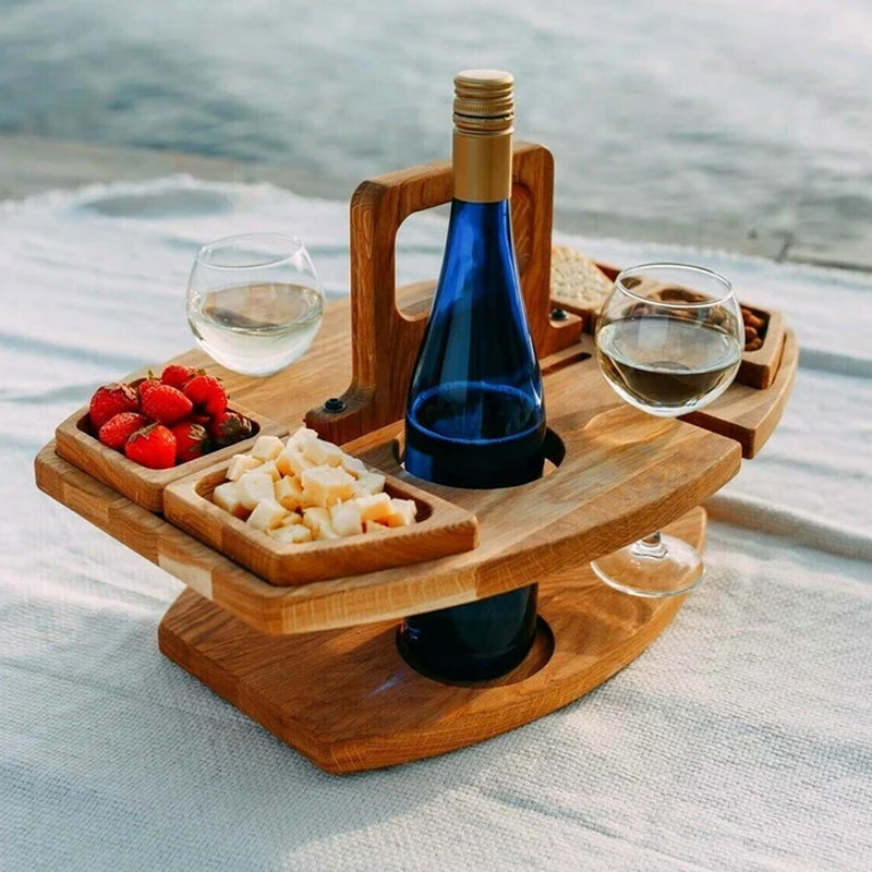 Draagbare Houten Picknicktafel met Wijnhouder & Handvat voor Buiten