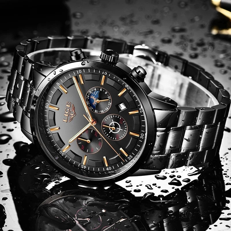 Stalen Herenhorloge Zwart - Elegant Design met Datum & Dag/Nacht - Waterdicht 30M