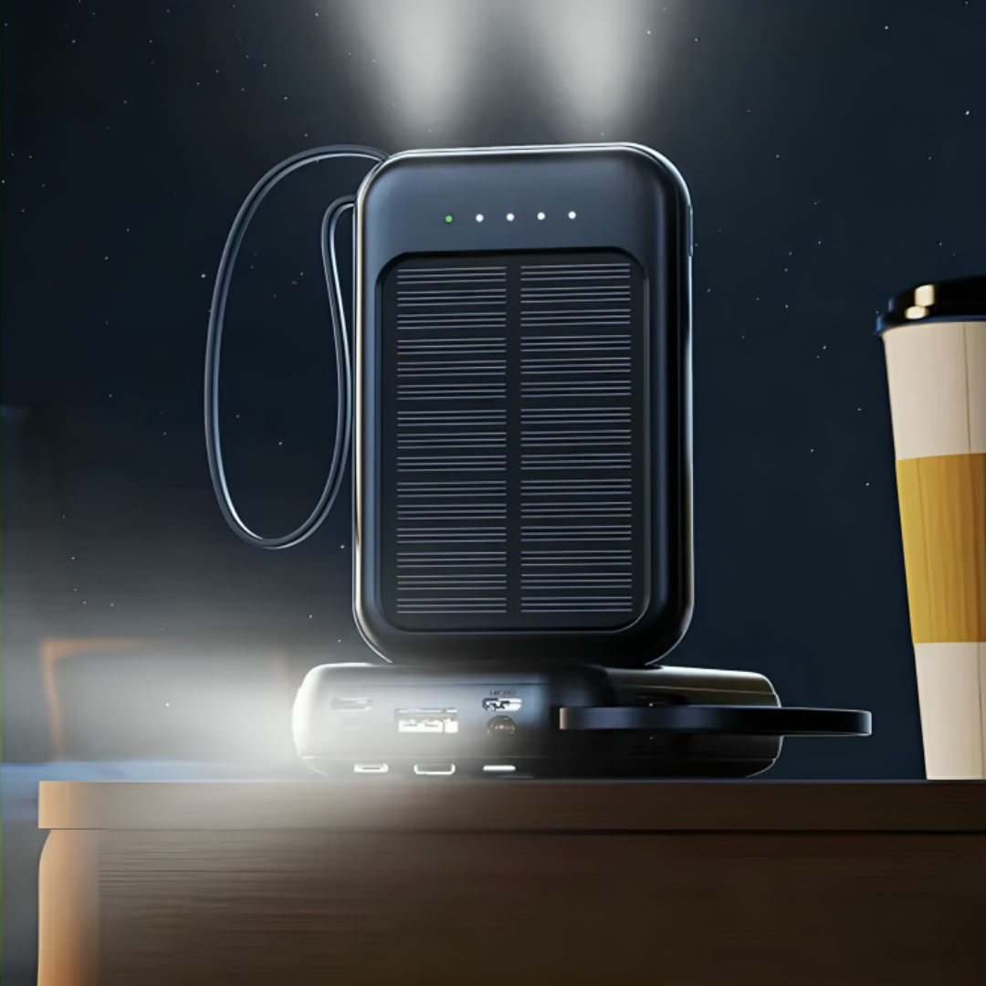 Oplaadbare Powerbank 20000mAh met Zonnepaneel, LED-Zaklamp en Ingebouwde Kabels - Draagbare Noodaccu met Dubbele USB- en Type-C-Aansluiting voor Smartphone en Tablet