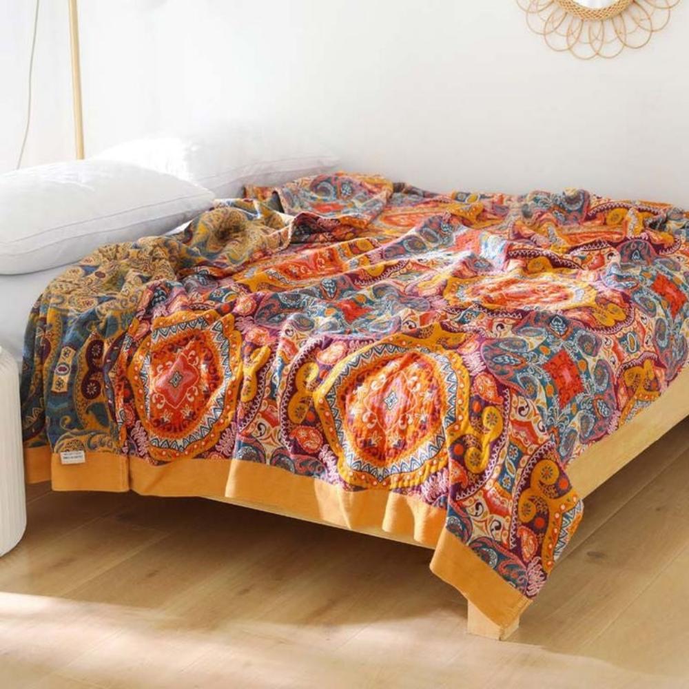 Omkeerbare Plaid in Boho-Stijl met Koelend Effect - Dubbelzijdig Zomerdeken met Vochtafvoer - Zacht Katoenen Sprei voor Warme Nachten - Moderne Deken met Zonsopgang-Patroon
