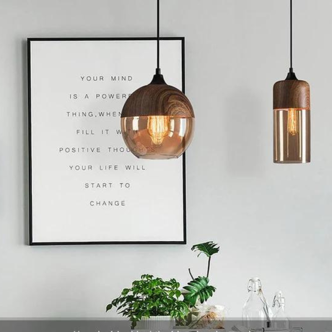 Scandinavische Hanglamp van Glas met Houtlook - Warme Designverlichting voor Woonkamer & Eetkamer