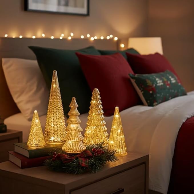 Verlichte Kerstbomen Set 5 Stuks LED Warm Wit Timer Glazen Look Feestelijke Kerstdecoratie Goud Zilver Sfeer
