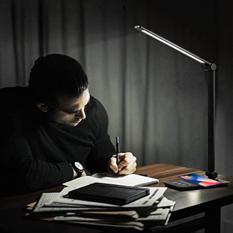 Bureaulamp met Draadloze Oplader Zwart - Dimbaar Leeslicht Touch Bediening 5 Lichtmodi Flexibele Arm