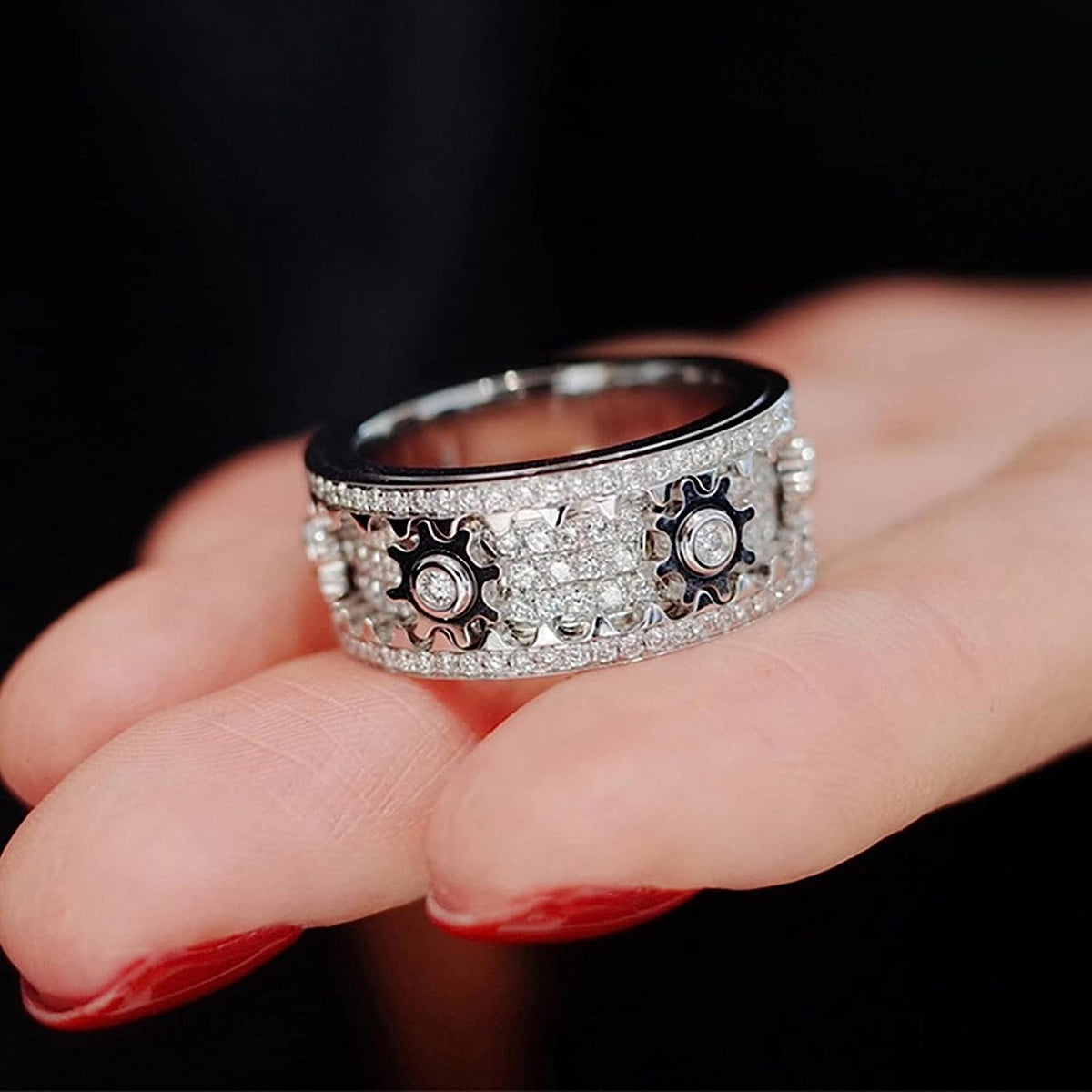 Draaibare Ring met Tandwielen Roestvrij Staal Zirkonia Anti-Stress Fidget Sieraad Spinner Maat 6-12 Unisex