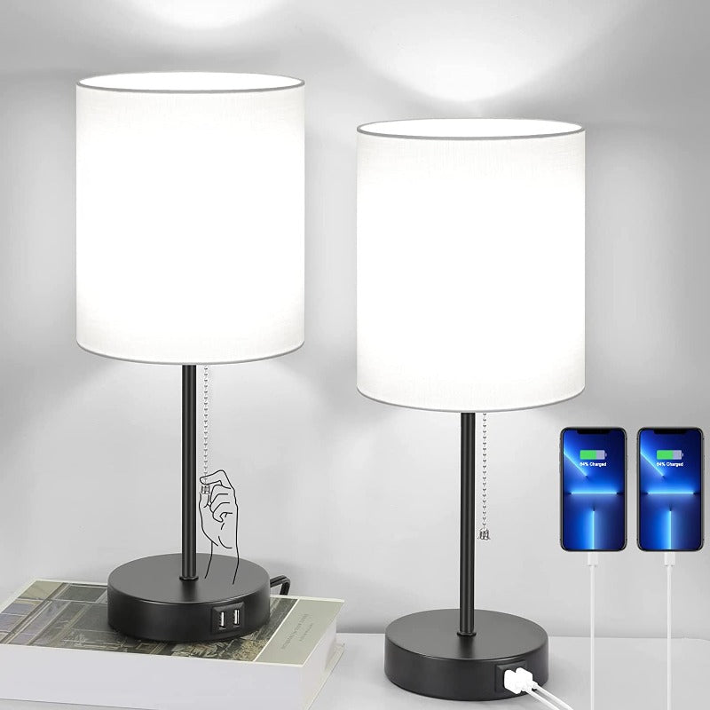 Tafellampen Set 2 Stuks met USB Oplaadpoort Grijs Metaal Trekschakelaar Nachtkastje Slaapkamer Bureau