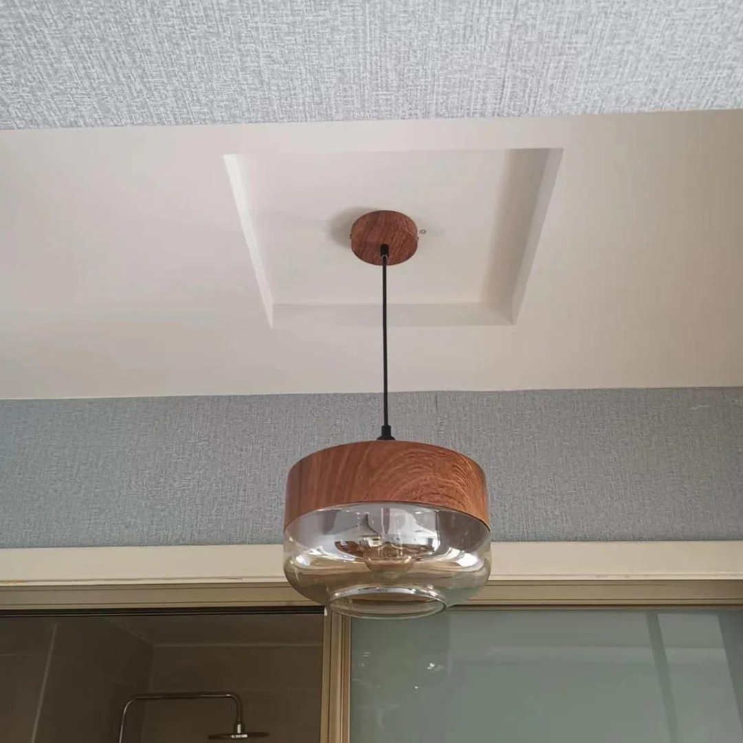 Scandinavische Hanglamp van Glas met Houtlook - Warme Designverlichting voor Woonkamer & Eetkamer