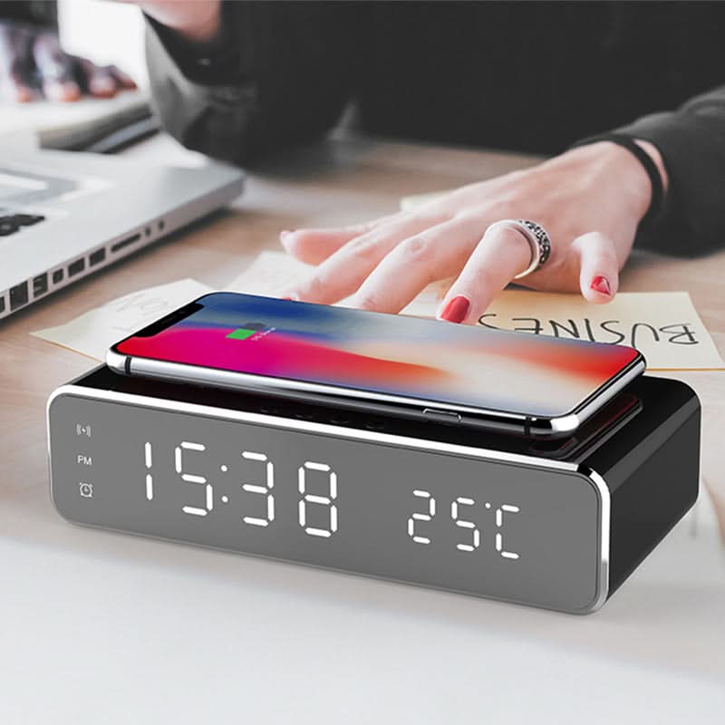 Digitale Wekker met Draadloze Oplader voor Smartphone Nachtkastje Groot LED Display Slaapkamer Zwart Grijs