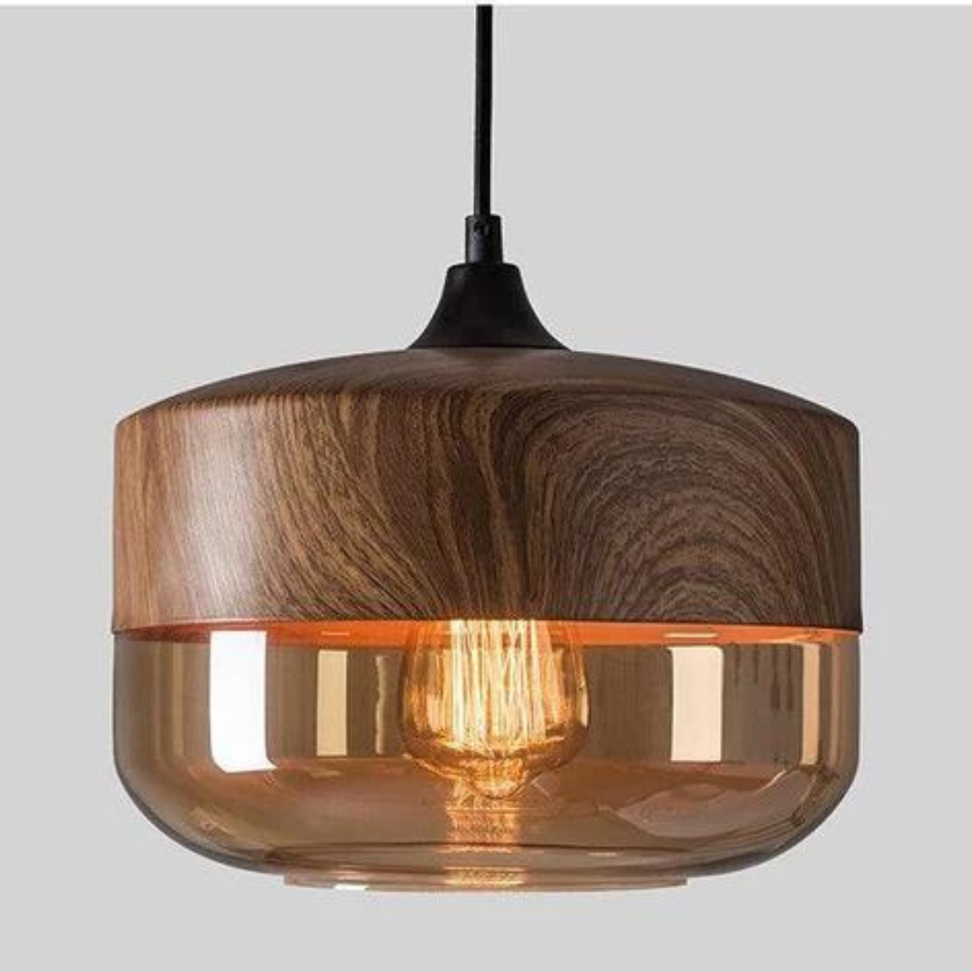 Scandinavische Hanglamp van Glas met Houtlook - Warme Designverlichting voor Woonkamer & Eetkamer