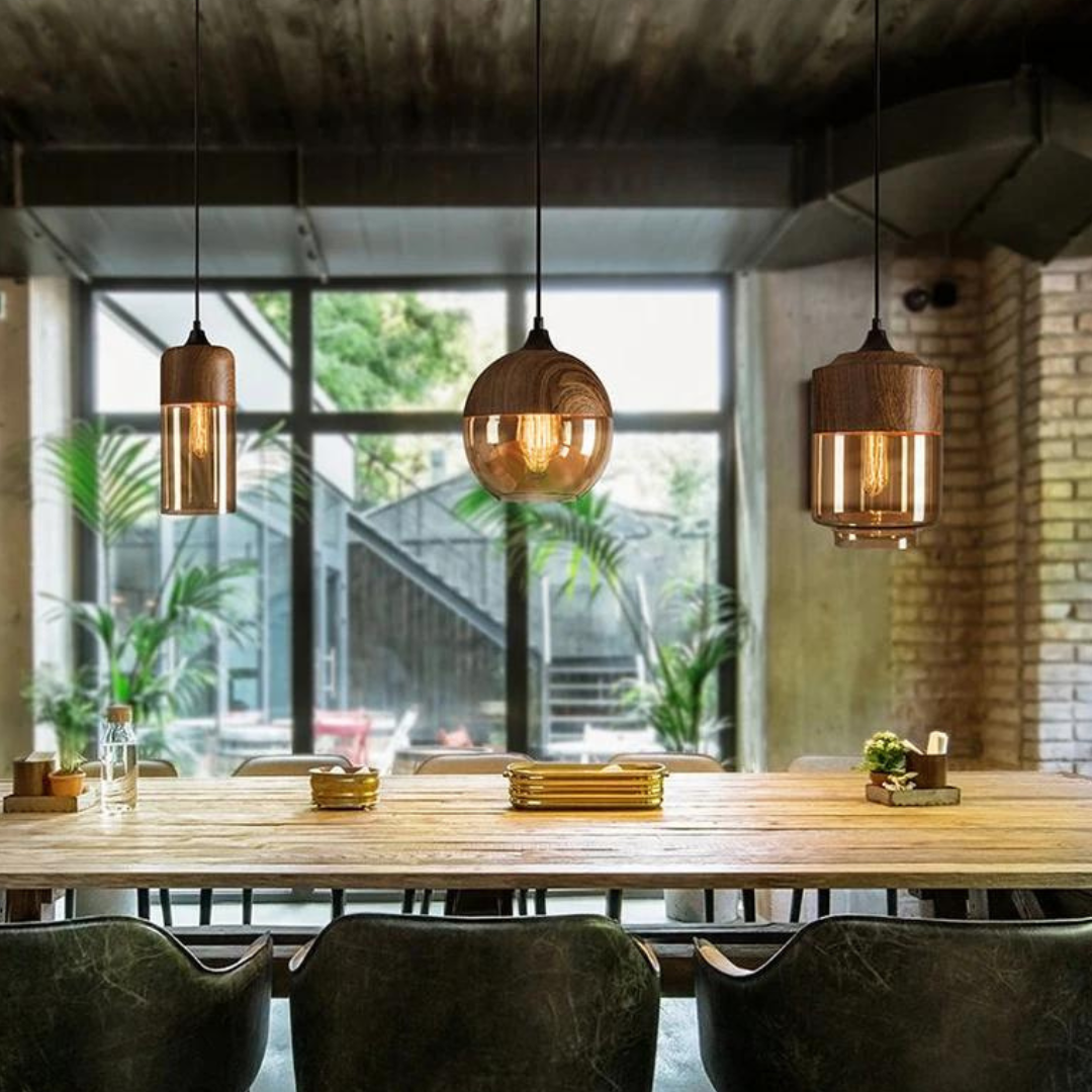 Scandinavische Hanglamp van Glas met Houtlook - Warme Designverlichting voor Woonkamer & Eetkamer