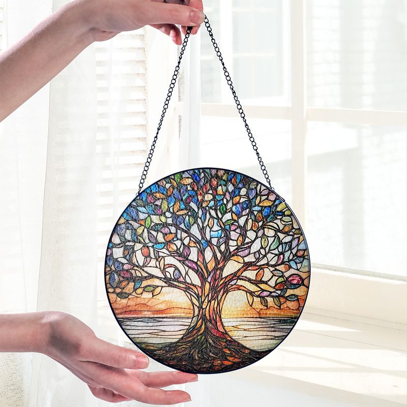 Handgemaakte Glas-in-Lood Levensboom Zonnevanger 15cm - Decoratieve Raamhanger met Symboliek
