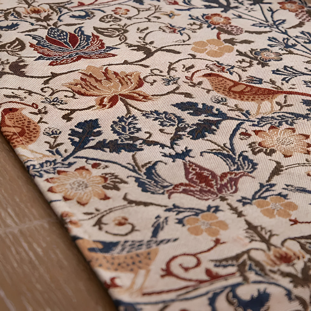 Vintage Jacquard Tafelloper met Vogel & Bloemmotief - Landelijke Elegantie met Kwastjes
