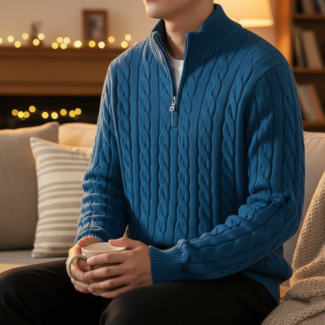 Gebreide Heren Trui Kabelpatroon Staande Kraag Ritssluiting Katoen Warm Casual Winter Navy Grijs Beige