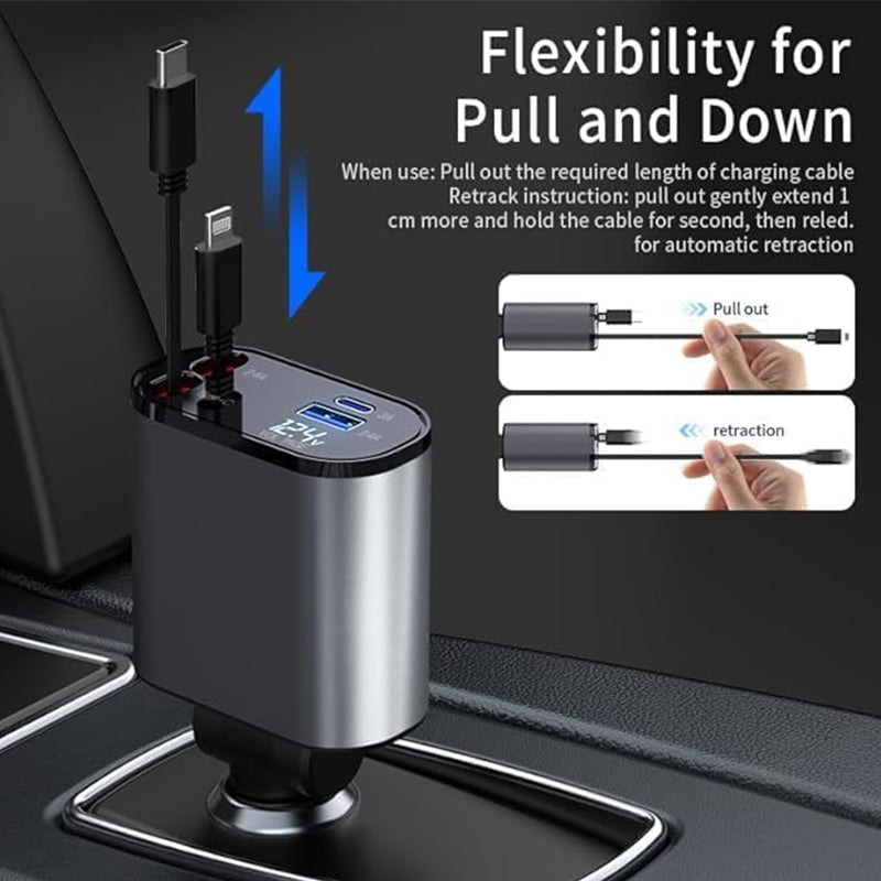 Auto Snellader Intrekbare Kabel 4-in-1 Type-C Lightning Micro-USB Sigarettenaansteker Oplader 12V 24V Auto