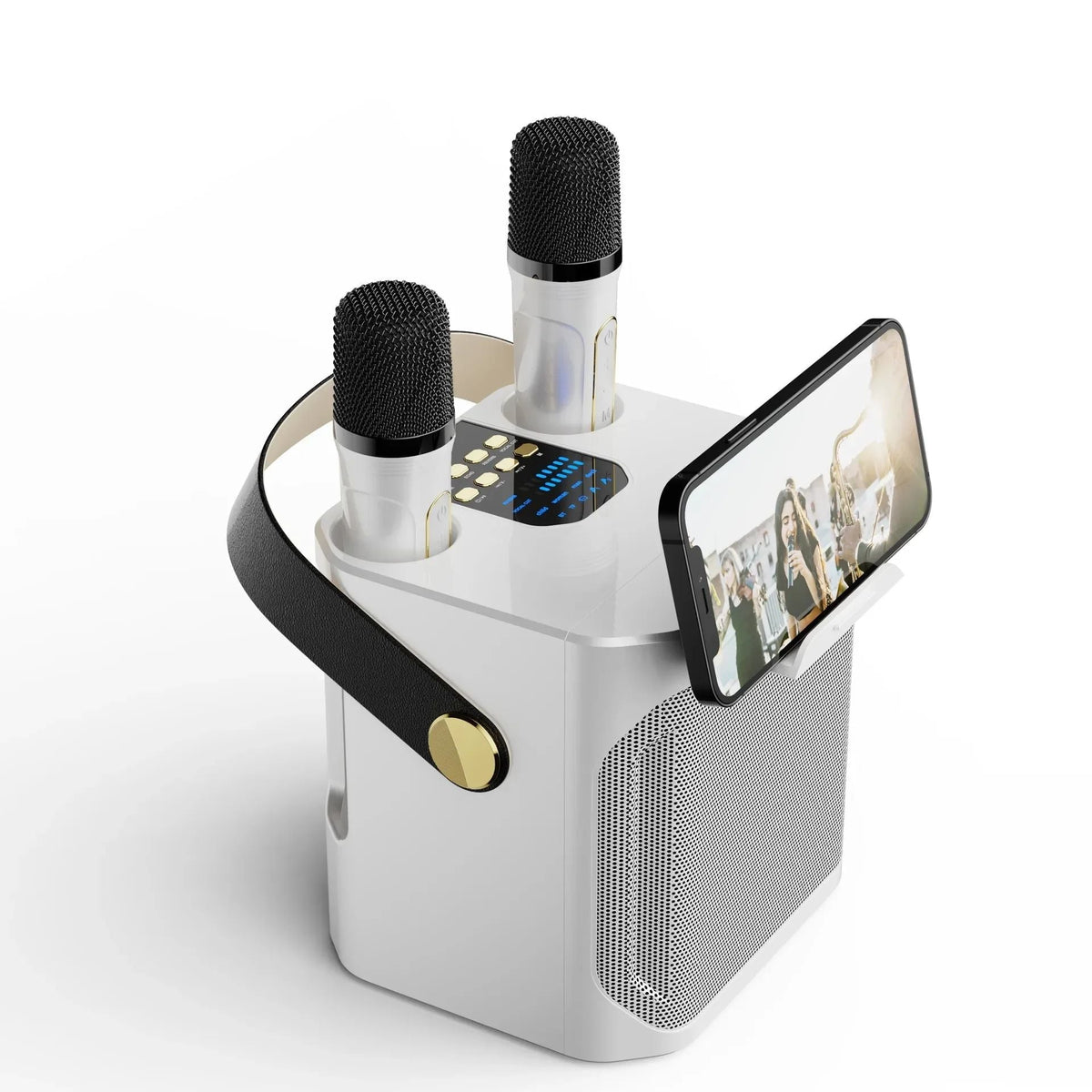 Draagbare Karaoke Bluetoothluidspreker met Twee Draadloze Microfoons en 360° Surround Sound voor Feesten en Samenkomsten