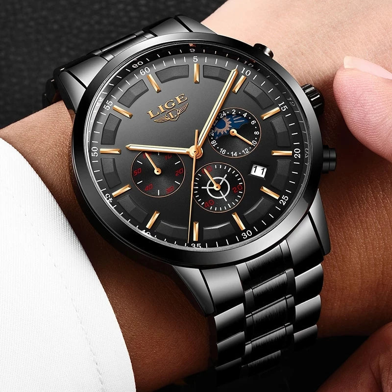 Stalen Herenhorloge Zwart - Elegant Design met Datum & Dag/Nacht - Waterdicht 30M