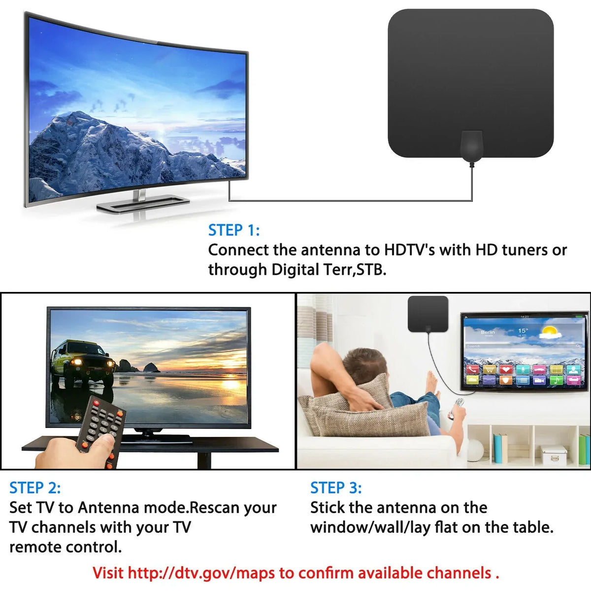 Digitale TV-Antenne Binnen 480km Bereik met Signaalversterker HDTV Ontvanger Ultradun Design 4K HD Kwaliteit