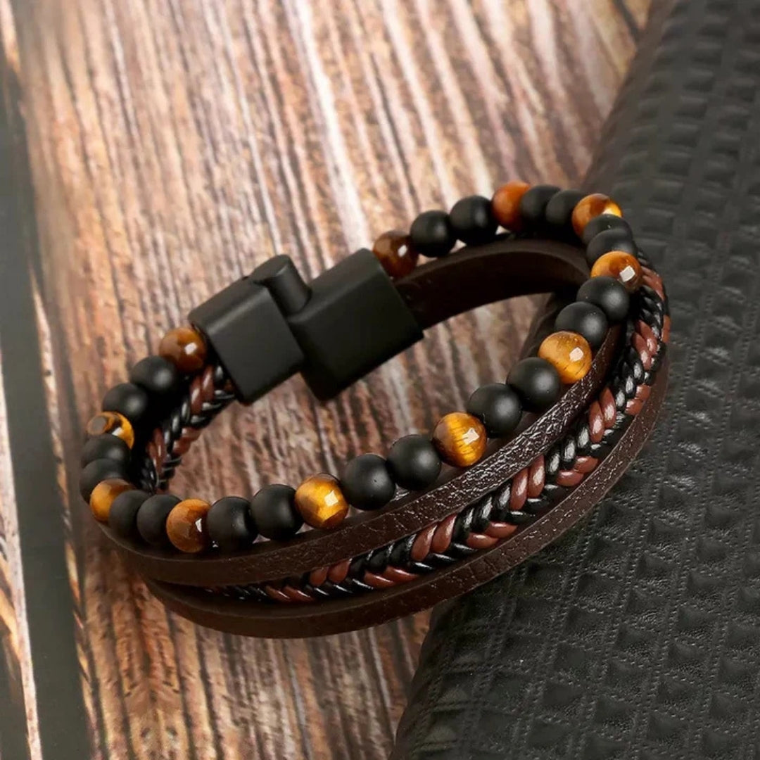Gevlochten Heren Armband met Magnetische Sluiting Meerrijig Kralendetails Zwart Bruin Blauw Casual Formeel