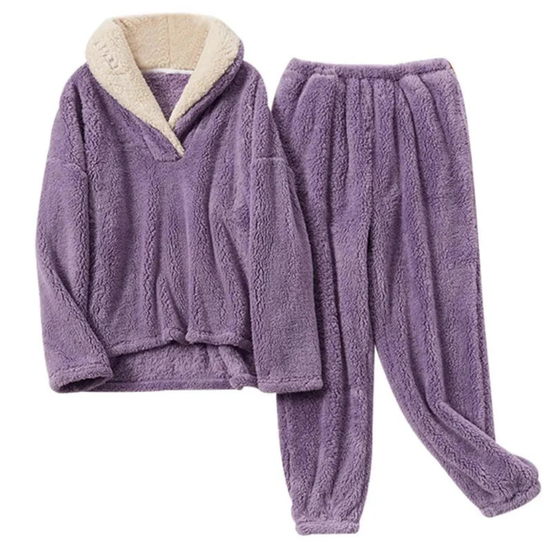 Fleece Pyjama Dames Tweedelig Langarm & Broek Warm Slaapset Huispak Winter Comfort Zachte Nachtkleding