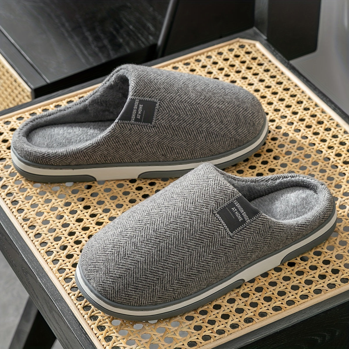 Heren Pantoffels met Visgraatpatroon Warme Pluche Voering Antislip Zool Comfortabel Thuisschoeisel Winter