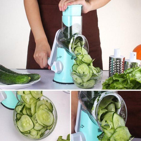 Roterende Keukenrasp met 3 Messen - Handmatige Multifunctionele Groentesnijder en Kaasrasp voor Salade, Gebak en Pasta