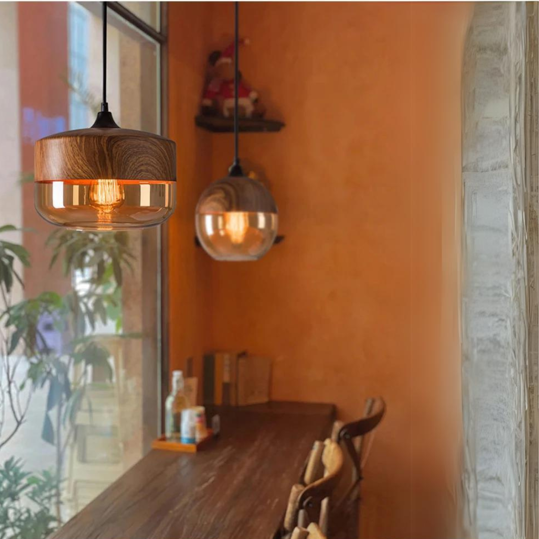 Scandinavische Hanglamp van Glas met Houtlook - Warme Designverlichting voor Woonkamer & Eetkamer