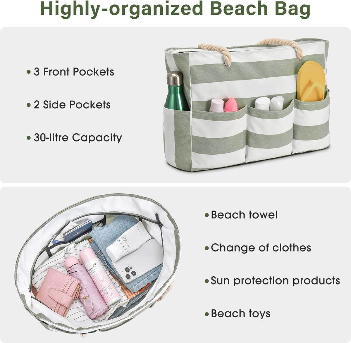 Waterdichte Strandtas Canvas met Rits en 7 Vakken - Ruime Schoudertas voor Strand Zwembad Vakantie Reizen