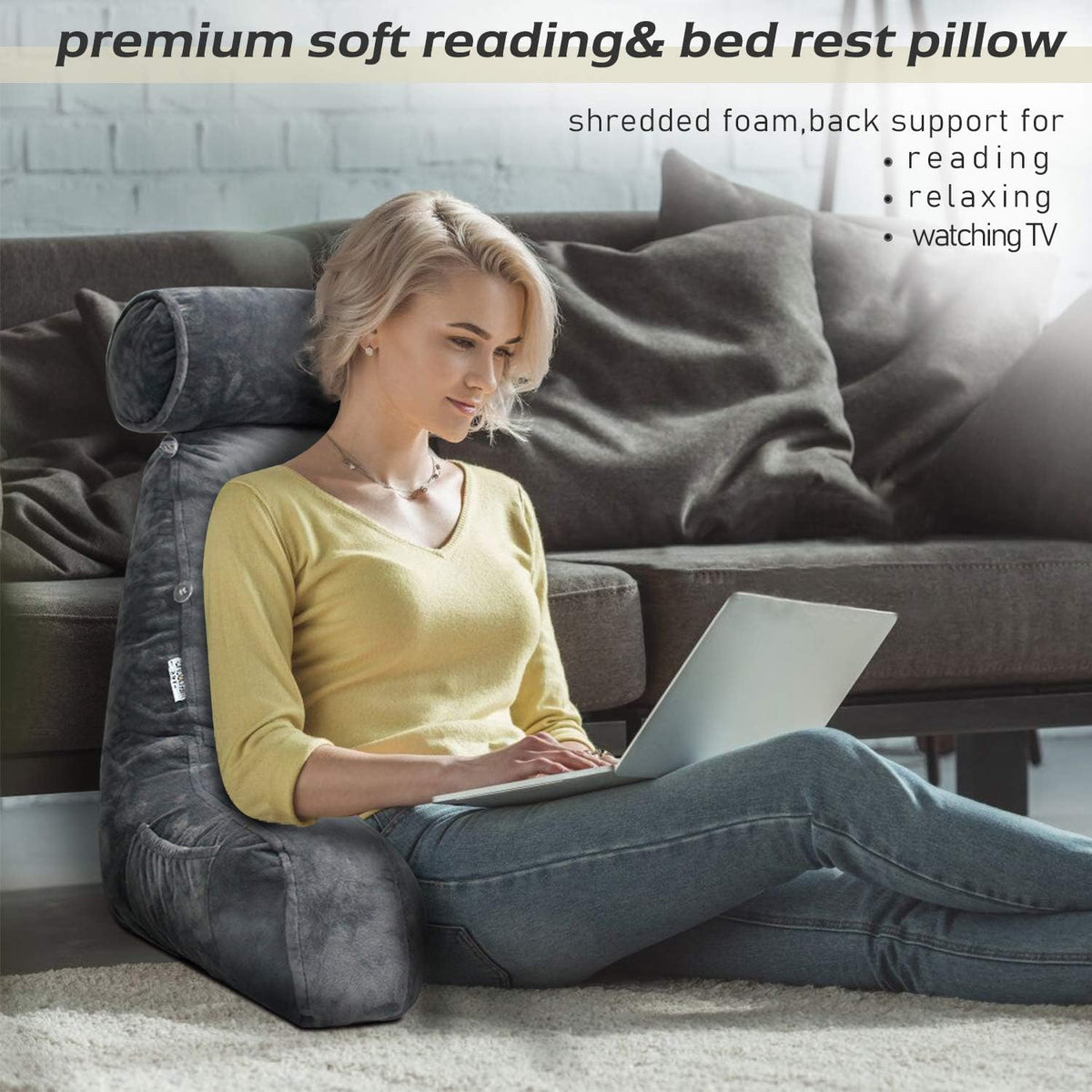 Ergonomisch Leeskussen met Armleuningen 75x45cm Fluweel Verstelbaar Bed Bank Rugsteun Comfort Ontspanning