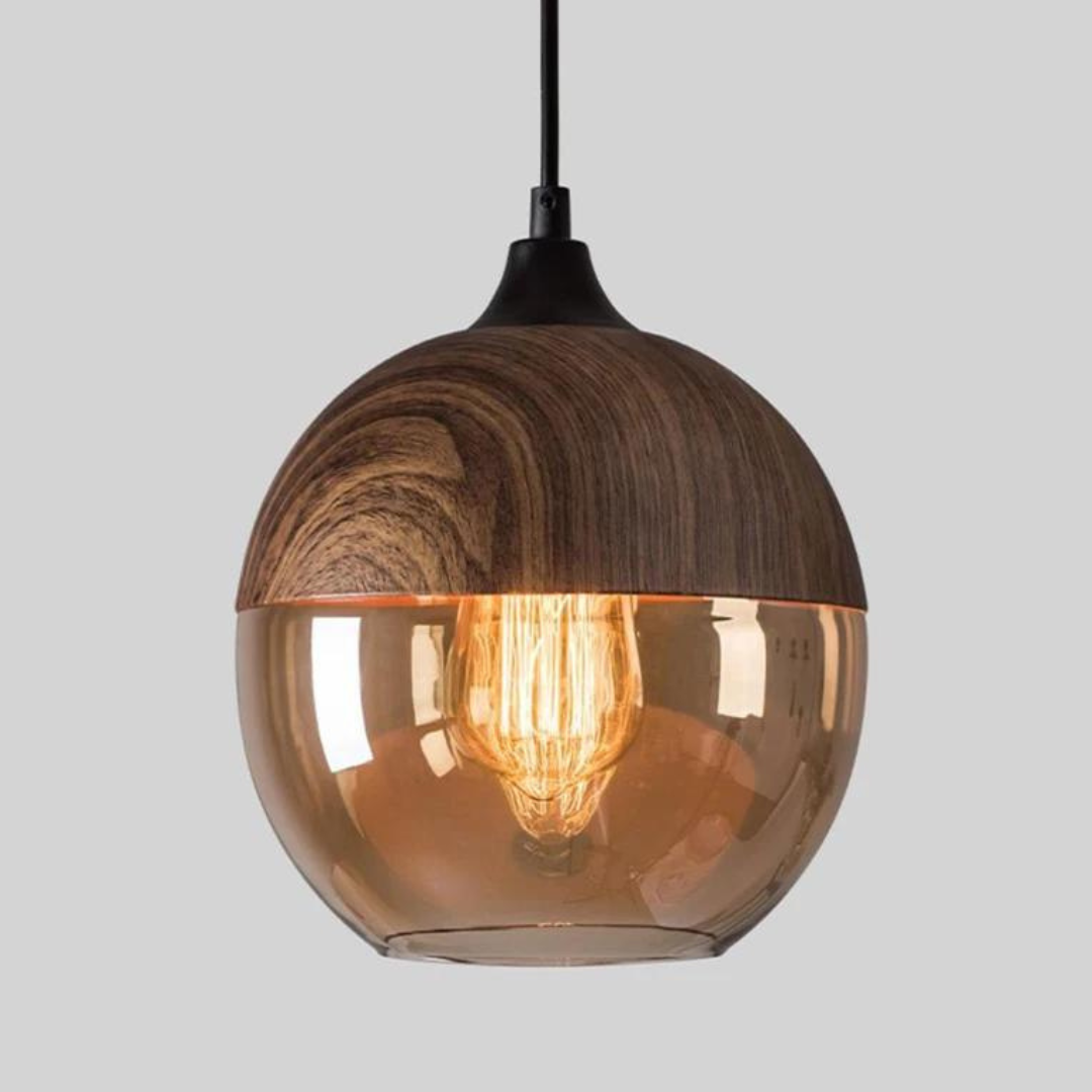 Scandinavische Hanglamp van Glas met Houtlook - Warme Designverlichting voor Woonkamer & Eetkamer
