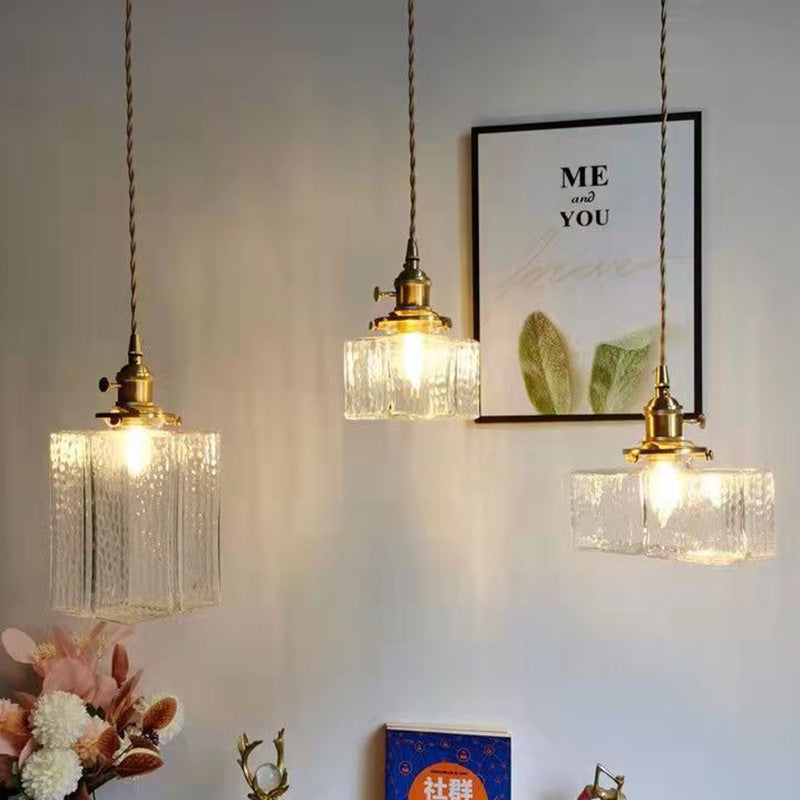 Vintage Hanglamp met Gegolfd Glas & IJzeren Armatuur - Vierkant/Rechthoekig - Scandinavisch Design voor Woonkamer