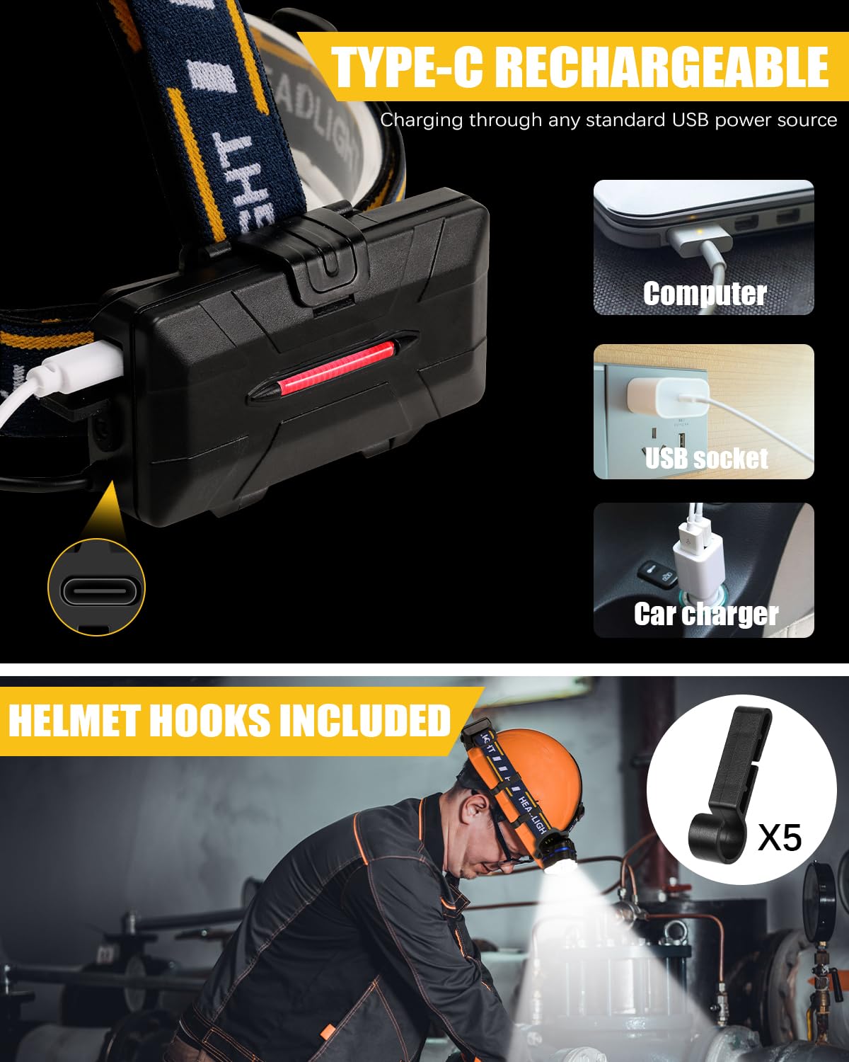 Oplaadbare LED Hoofdlamp 18000 Lumen 8 Verlichtingsstanden Waterdicht Verstelbare Hoofdband Outdoor Camping