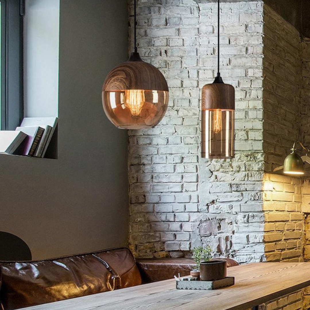 Scandinavische Hanglamp van Glas met Houtlook - Warme Designverlichting voor Woonkamer & Eetkamer