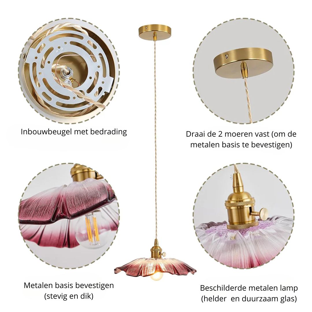 Cullivan Flower Hanglamp Glas Metaal Rood E27 Eettafel Verlichting Vintage Bloem Lamp Hal Sfeerverlichting
