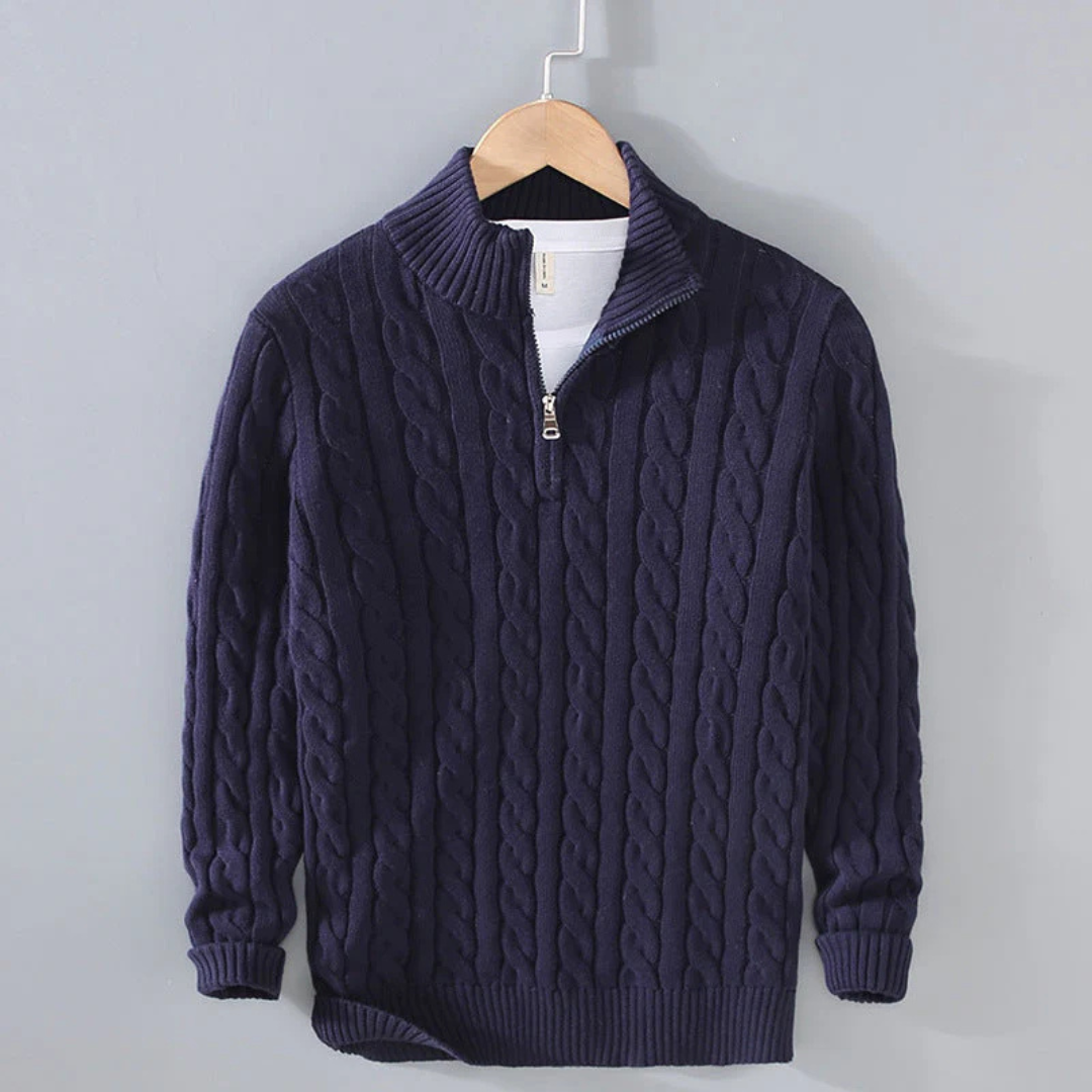 Gebreide Heren Trui Kabelpatroon Staande Kraag Ritssluiting Katoen Warm Casual Winter Navy Grijs Beige