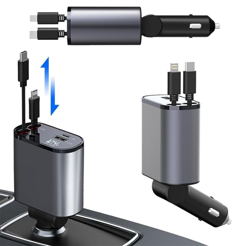 Auto Snellader Intrekbare Kabel 4-in-1 Type-C Lightning Micro-USB Sigarettenaansteker Oplader 12V 24V Auto