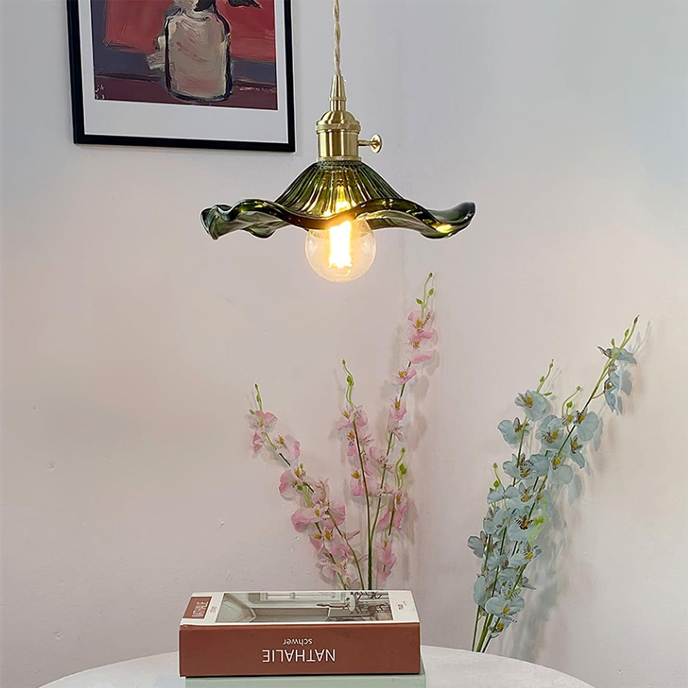 Selene Glazen Hanglamp - Hibiscusbloem Design Messing Glas - Hangende Verlichting Eetkamer Woonkamer Slaapkamer - E27 Fitting 23-33cm