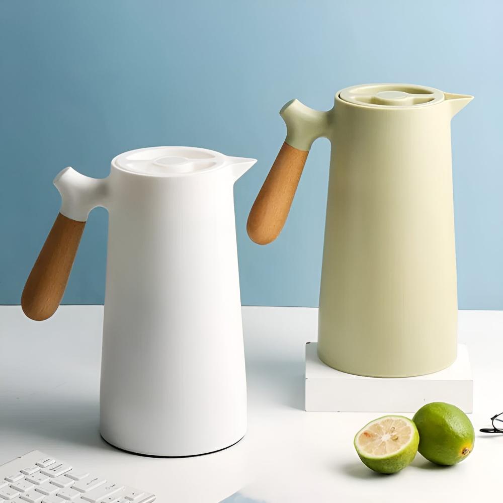Geïsoleerde Karaf 1 Liter Houten Handvat Dubbelwandig Koffiekaraf Thermos Scandinavisch Design Groen Wit Zwart Rood Bruin