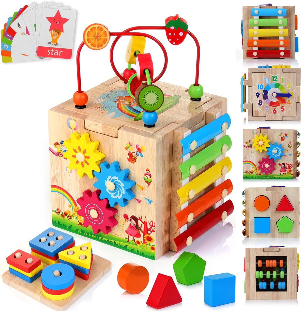 8-in-1 Houten Activiteitenkubus voor Peuters - Montessori Ontdekkubus met Xylofoon & Kralenframe
