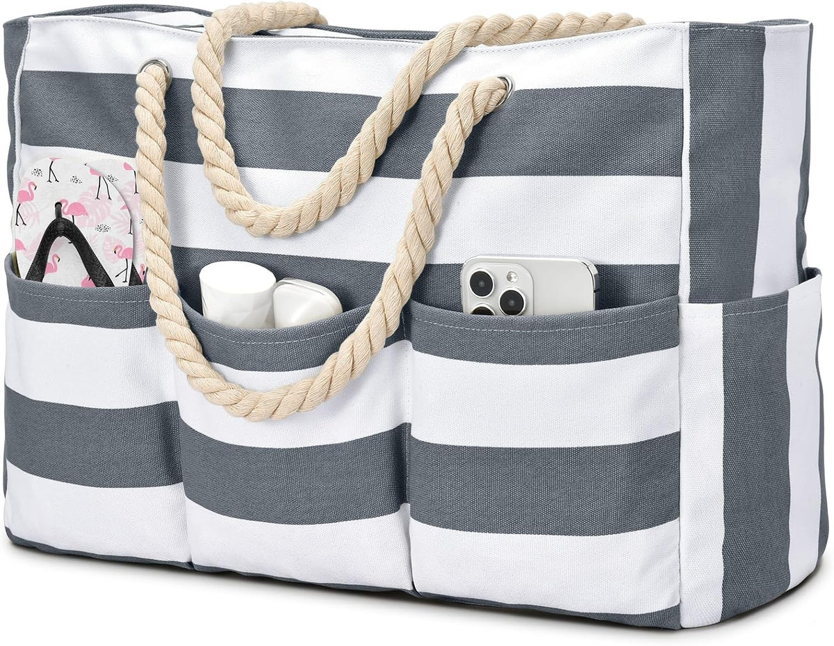 Waterdichte Strandtas Canvas met Rits en 7 Vakken - Ruime Schoudertas voor Strand Zwembad Vakantie Reizen