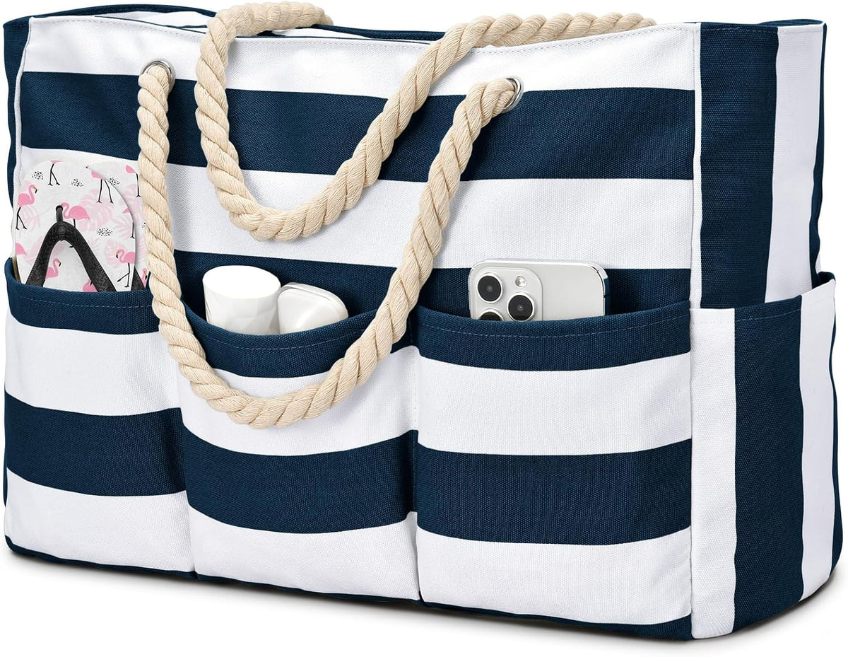 Waterdichte Strandtas Canvas met Rits en 7 Vakken - Ruime Schoudertas voor Strand Zwembad Vakantie Reizen